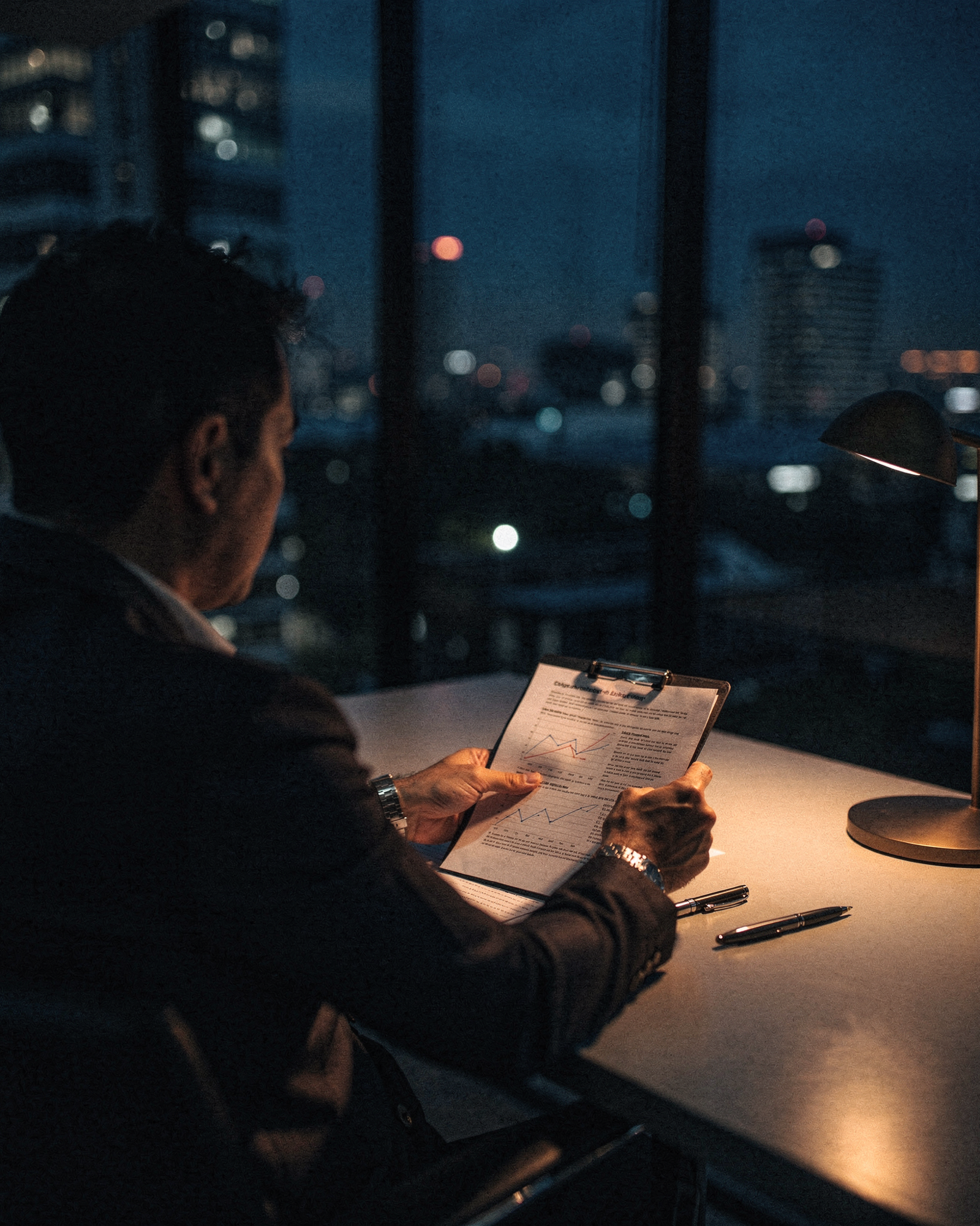 Financial Advisors at work, photographed in dark studio light